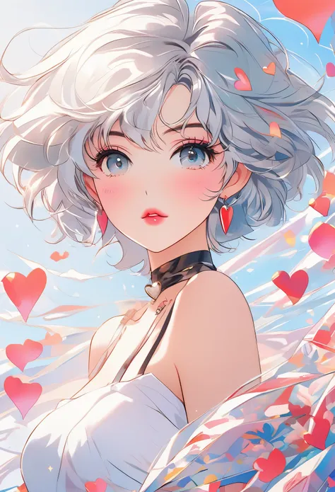 best image quality, anime style,fashion magazine cover, pastel color theme, beautiful face and skin, (1 adult female), cleavage, thin face, short cut hair, blown by the wind, silver hair, glossy lipouth tightly closed))、shining eyes, slanted eyes, model po...