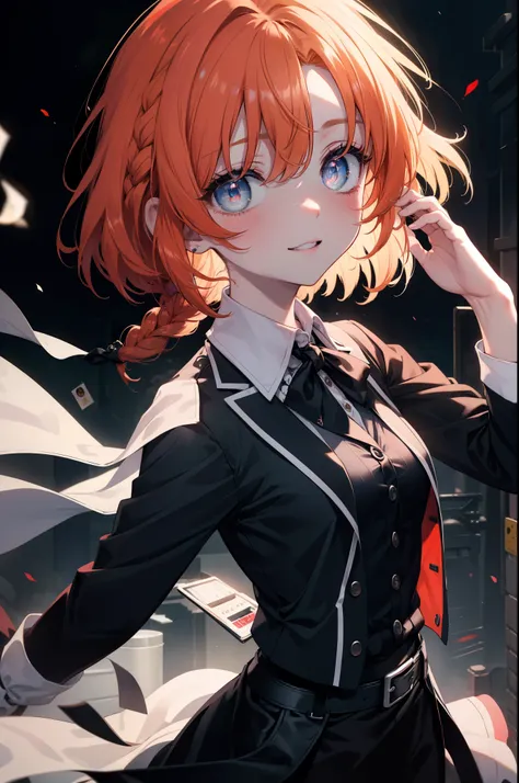 rena ryugu, rena ryuuguu, orange hair, long hair, short braid,hair blue eyes, smile, grin and laugh,black suit jacket, collared ...