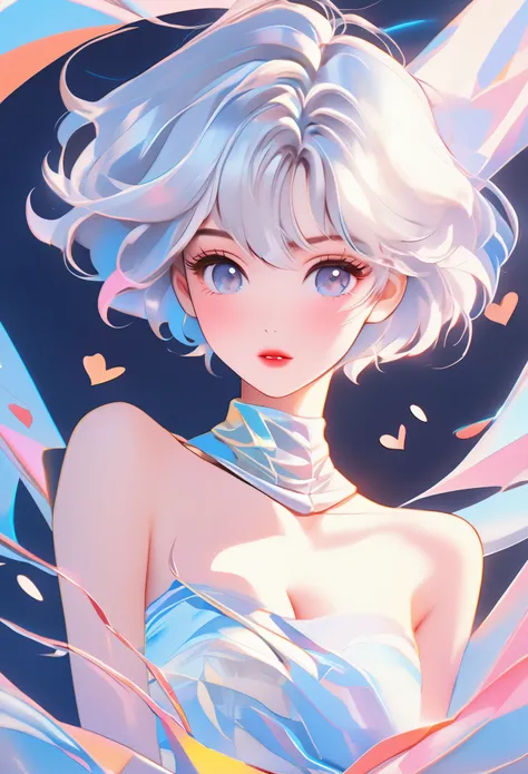 best image quality, anime style,pastel color theme, beautiful face and skin, (1 adult female), cleavage, thin face, short cut hair, blown by the wind, silver hair, glossy lipouth tightly closed))、shining eyes, slanted eyes, model pose, focus on the whole b...