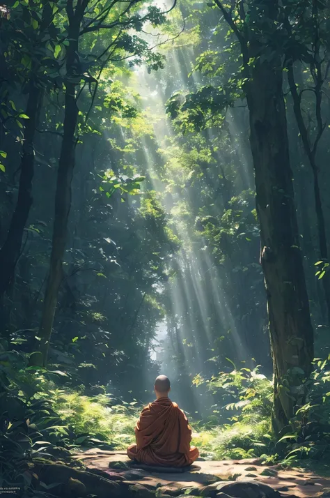 (best quality,4k,8k,highres,masterpiece:1.2), ultra-detailed, (realistic,photorealistic,photo-realistic:1.37), a monk meditating in the middle of a forest, forest clearing, surrounded by lush vegetations, tree canopy, (tyndall effect, visible ray of light ...