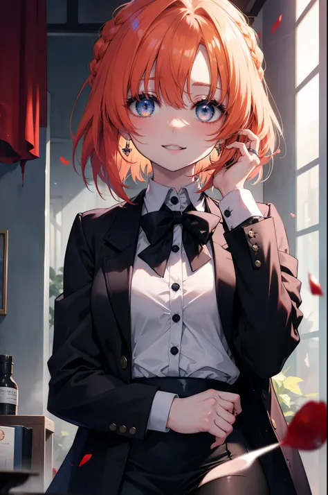 rena ryugu, rena ryuuguu, orange hair, long hair, short braid,hair blue eyes, smile, grin and laugh,creepy laughter, dead eyes,p...