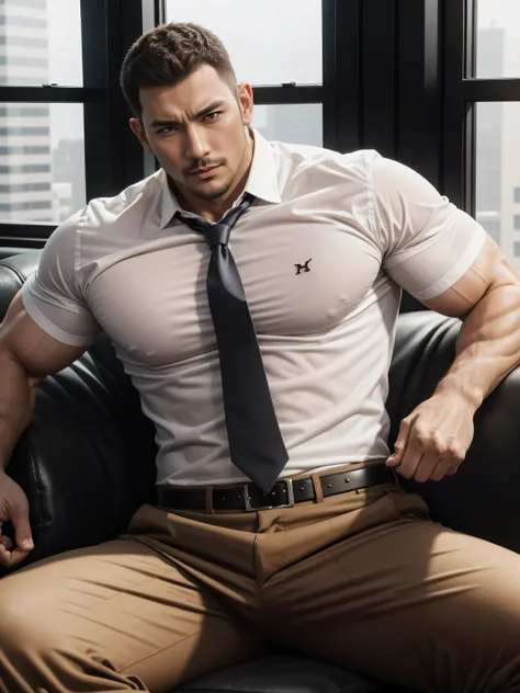 Tall giant muscular肌肉男警官，White shirt，high-end tie，Sitting on the soft leather sofa in the police station office，character concept（Resident Evil - chris redfield，chris redfield）proud expression，Deep and charming eyes，heroic male pose，高大burly，muscular！muscul...