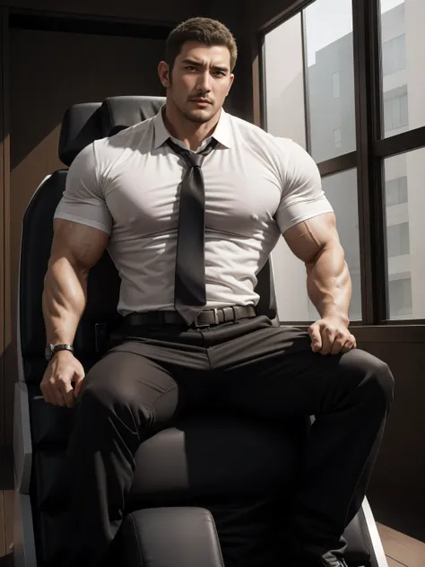 Tall giant muscular肌肉男警官，White shirt，high-end tie，Sit on a comfortable and soft massage chair，，，character concept（Resident Evil - chris redfield，chris redfield）proud expression，Deep and charming eyes，heroic male pose，高大burly，muscular！muscular大腿，tough guy，p...