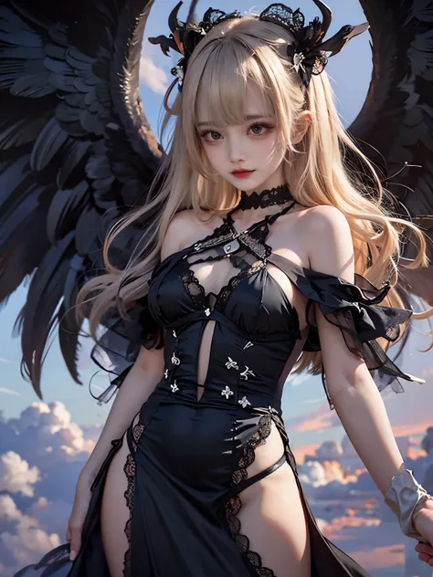 8K, Raw photo, Photorealistic, (Detailed skin, Best Quality:1.2), seductive succubus, (black wings), Teenage Japanese girl with black angel wings flying high in the evening sky, ((black evening dress, black lace dress, long dress)), (((flat chest:1.4))), (...