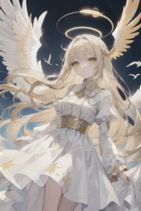 Female, blonde hair, long hair, yellow eyes, angel, biblical accurate, wings, halo, white dress, sky, bird, golden, high quality 