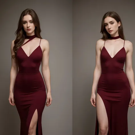 Ashley Johnson, muscular body, makeup, pale skin, long wavy hair, tight maroon dress