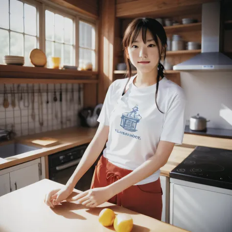 (In the kitchen of an old house:1.5)、((usar una camiseta blanca andn mangas:1.5))、((For pants, Wear gray urethane sports shorts.:1.3))、(masterpiece、top quality) 、soft lighting、really special image, really beautiful、masterpiece, top quality,photograph, cute...