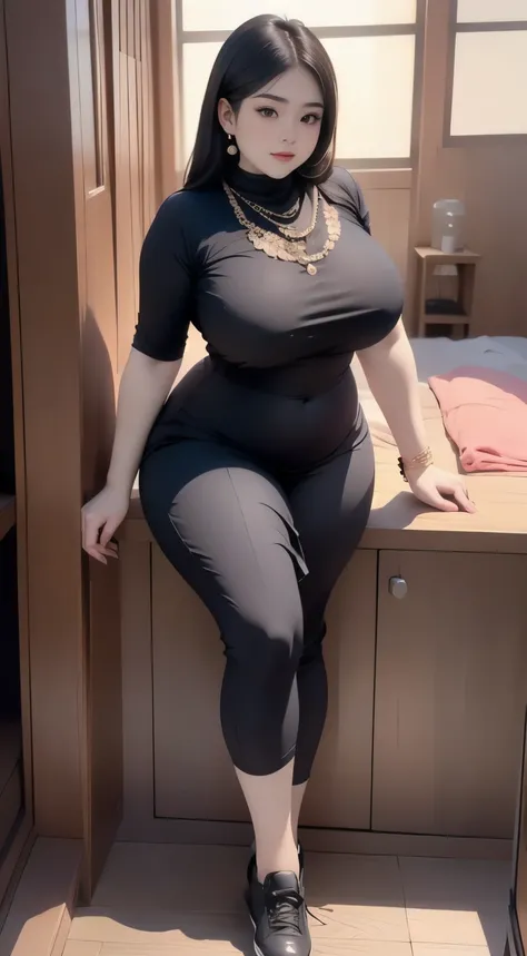 ((best quality)), ((masterpiece)), (detailed), perfect face, araffe woman thick and thight long pants posing for a picture, curvy model,, curvy hourglass figure, sexy longest hand t-shirt, thicc, beautiful full body shot, soft curvy shape, in a longest han...