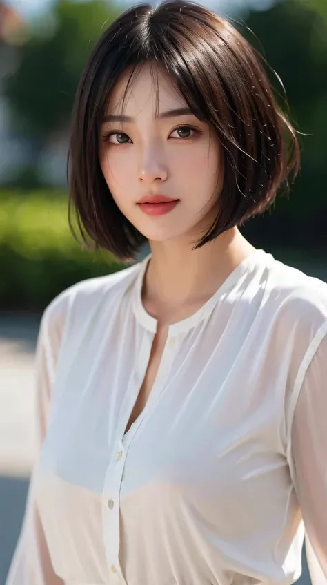 (RAW photo, highest quality), (realistic, photo-realistic:1.3),1 girl, black hair, Bangs on eyebrows, bob cut hair,realistic, 超realistic, cinematic lighting, 32K, Backlight, (bright light:1.2), (Improvement of quality:1.4), (highest qualityのリアルな質感のスキン:1.4)...