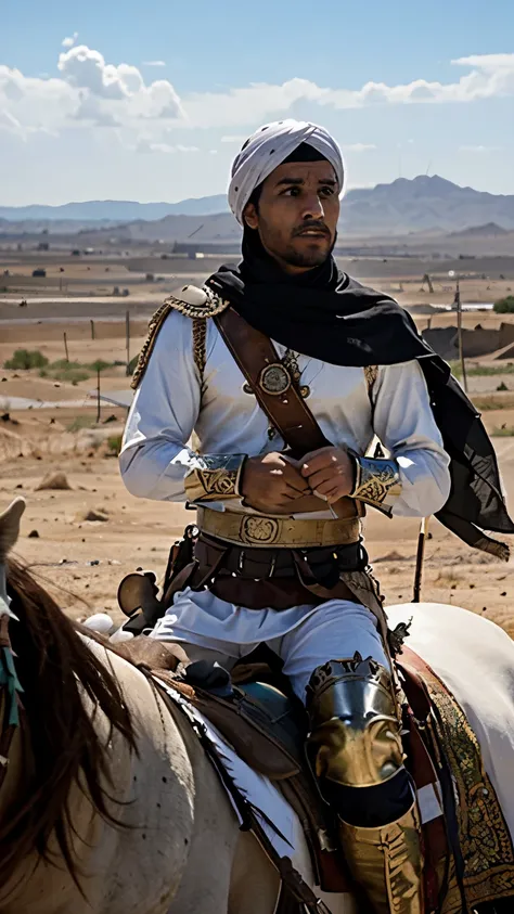 Imagina a Saladino, the legendary muslim leader, riding a white arabian horse on the battlefield. Con una mirada decidida en sus ojos oscuros, He wears armor decorated with Islamic motifs and a turban that flutters in the wind.. Su espada desenvainada refl...