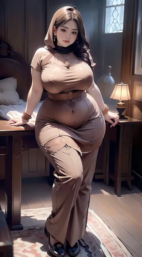 ((best quality)), ((masterpiece)), (detailed), perfect face, araffe woman thick and thight long pants posing for a picture, curvy model,, curvy hourglass figure, sexy longest hand t-shirt, thicc, beautiful full body shot, soft curvy shape, in a longest han...