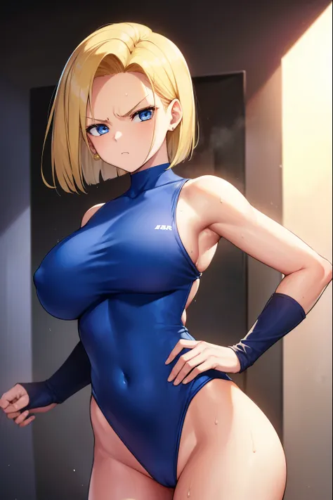 highest quality, High resolution, AND18, 1 girl, android 18, alone, golden hair, blue eyes, short hair,earrings,big breasts, frown,troubled face, Sweat,1 girl, red leotard, streak,looking at the viewer,fight