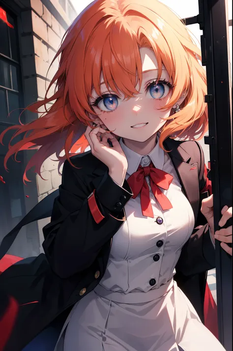 rena ryugu, rena ryuuguu, orange hair, long hair, short braid,hair blue eyes, smile, grin and laugh,creepy laughter, dead eyes,p...