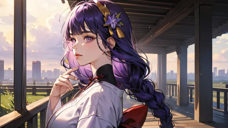 (masterpiece), best quality, expressive eyes, perfect face，1girl, blunt bangs, braids, wide sleeves, hair accessories, lavender kimono, dark purple long sleeves, dark purple stockings, dark red bow, big breasts, gold rings, (red: 0.7) belt, (purple hair: 0...