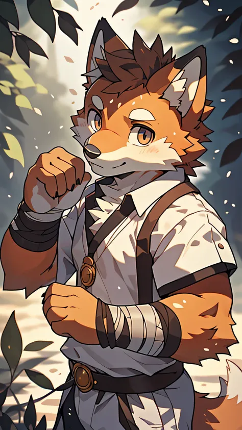 masterpiece,official art,hairy,male,Shota,Anthropomorphic orange fox,brown face,exquisite eyes,White shirt, depth of field, perfect lighting, light particles,(best quality),(masterpiece),(super detailed),sharp focus,light particles, hand bandage