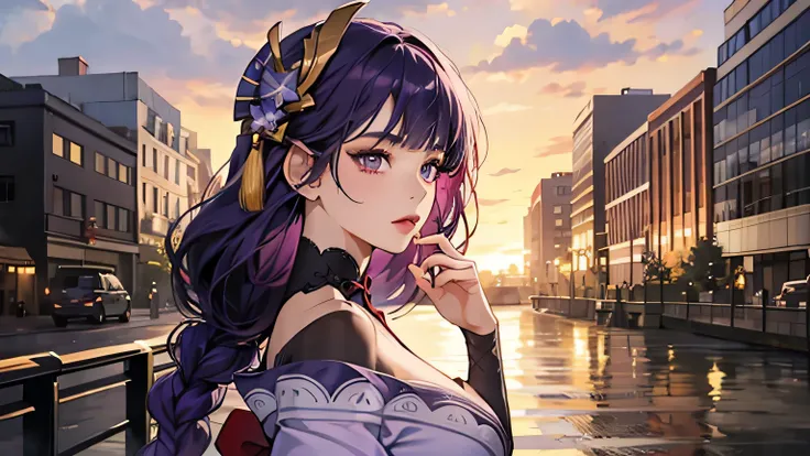 (masterpiece), best quality, expressive eyes, perfect face，1girl, blunt bangs, braids, wide sleeves, hair accessories, lavender kimono, dark purple long sleeves, dark purple stockings, dark red bow, big breasts, gold rings, (red: 0.7) belt, (purple hair: 0...