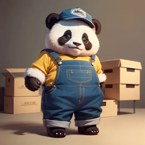 A cute panda，Wearing deep overalls，with hat，Moving boxes，Stand naturally，Clean and simple design,IP image, High-end natural color matching, bright, Cute and colorful, Detailed character design