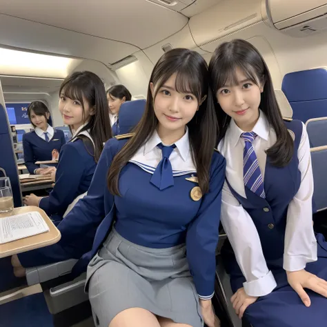 (Stewardess、cabin attendant uniform)、two women、mini skirt、looking here、inside the plane、woman in her 20s、big breasts、cleavage、Are standing、big ass、panty line、underwear is transparent、wearing a bandana around his neck