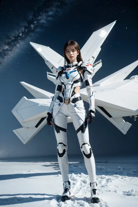 1 girl, lovely, ice and snow world, alone, skinny, wind, mecha suit, whole body, pretty face, decorated with intricate patterns ...