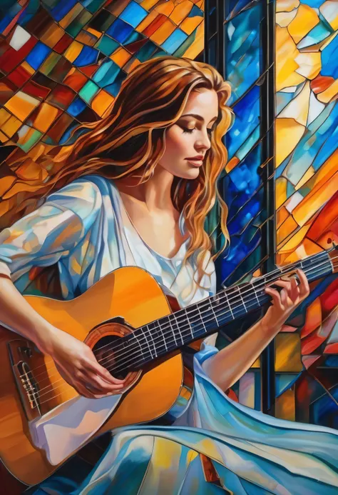 (best quality,ultra-detailed,realistic:1.37),portrait,beautiful girl playing a guitar,vibrant colors,lineart style,bluestone walls,sunlit room,shards of broken glass,graceful fingers strumming the strings,detailed face expression,flowing hair,musical notes...