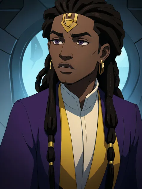 (african-american male,young:1.1), (dreadlocks:black:1.1), (eyes:yellow:1.1), (skin:brown:1.1), (assassin:regal:1.1), (robe:sith:1.1), (earrings:none:0.9), (demon:prince:1.1), (close-up shot), (sci-fi), (fantasy)