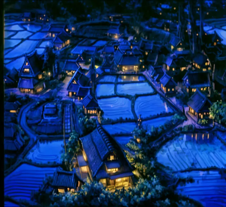 Japanese animation, night, blue, A village, paddy, Indoor with yellow light, ultra high definition, Add details