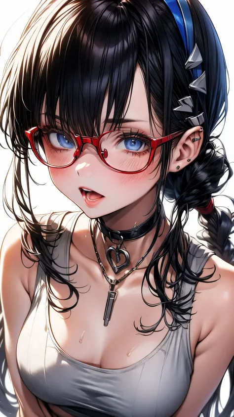 1 female,black hair, ,((impatient look)),beautiful breasts,thin white tank top,good style,,(facing the front)(((cheeks turn red、surprised expression)),(((Underponytail))),((( upper body portrait)))frameless glasses,blue eyes,(((The bangs are even)))((See-t...