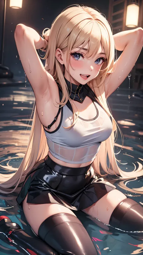 1 female,golden hair,25 years old,(((blue shiny micro tight skirt)))((white tank top))(((blush、open mouth smile)),(((straight hair))),(((portrait))),crowd,,(wet with sweat)(sexy black bra and see-through tank top)()(((small breasts)))leather thigh high boo...