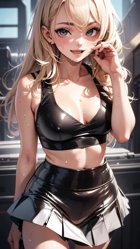 1 female,golden hair,25 years old,(((blue shiny micro tight skirt)))((white tank top))(((blush、open mouth smile)),(((straight hair))),(((portrait))),crowd,,(wet with sweat)(sexy black bra and see-through tank top)()(((small breasts)))leather thigh high boo...