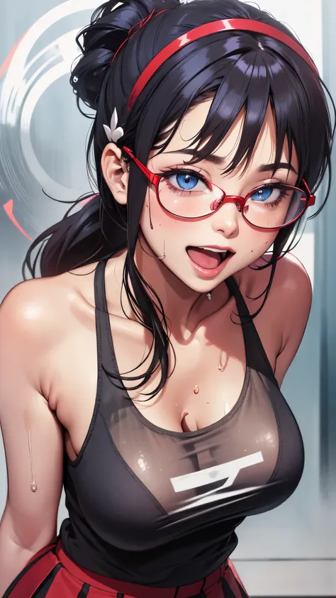 1 female,black hair,25 years old,(((blue shiny micro tight skirt)))((white tank top))(((blush、open mouth smile)),(((straight hair))),(((portrait))),crowd,,(wet with sweat)(sexy black bra and see-through tank top)(Glasses)(((small breasts)))((low ponytail))