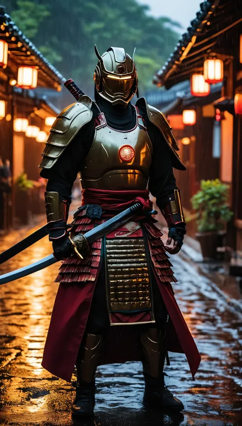 HD Portrait, 8K, a Ironman transform to samurai, ((Kabuto)), Take a sword, in Ghost town, evening, Epic detailed, ultra sharp, style, flash shot, ((horror scfi)), smog, rainy weather, dramatic lighting, The atmosphere looks real, Full body shot exposed, Fr...