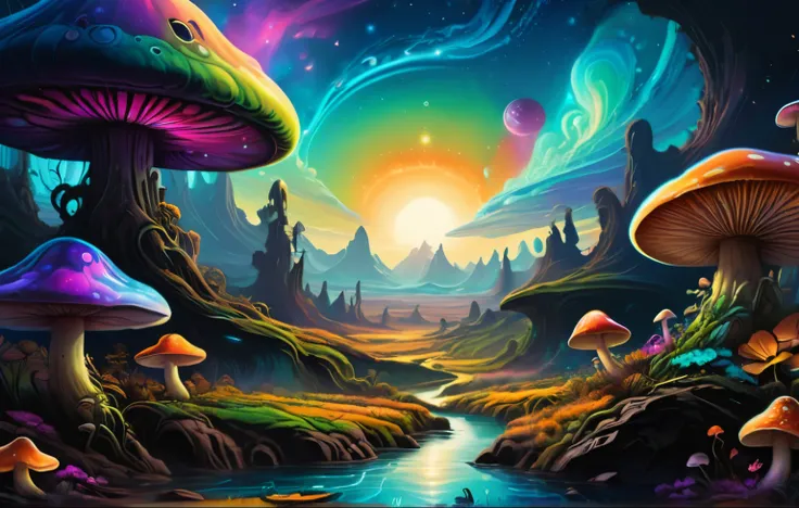 A colorful landscape painting with mushrooms and trees, Detailed dreams, psychedelic landscape, cosmic landscape, Epic surrealist 8K oil painting, Turbulent Alien Vivid Landscapes, Milky Way Landscape, Dan Mumford and Alex Gray Styles, On a colorful alien ...