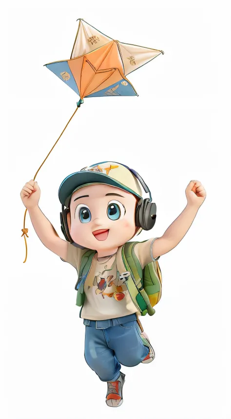 fly a kite，earphone，baseball cap，Backpack，jeans，sports shoes