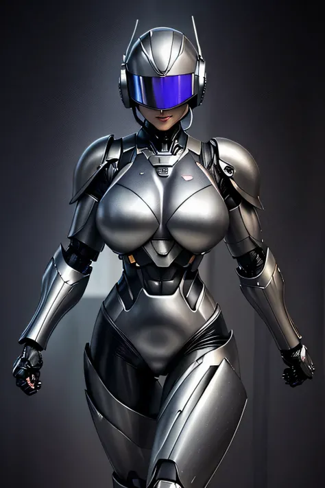 female robocop solo、Armor that completely covers the whole body、very large armor、helmet to hide eyes、rainbow armor、Armor that completely covers the chest、(big and full breasts:1.2), (moving body:1.5),thin and long legs、Vibrant posel body view