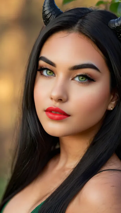 18-year-old american woman, small lips, green eyes, medium eyelashes, medium nose, medium ears, thick eyebrows, long black hair,...