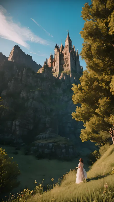 a person standing on top of a hill with a castle in the background, square enix cinematic art, akihiko yoshida. unreal engine, shadowbringers cinematic, final fantasy vll world concept, whitesmith, promotional images, background in a cinematic, still from ...