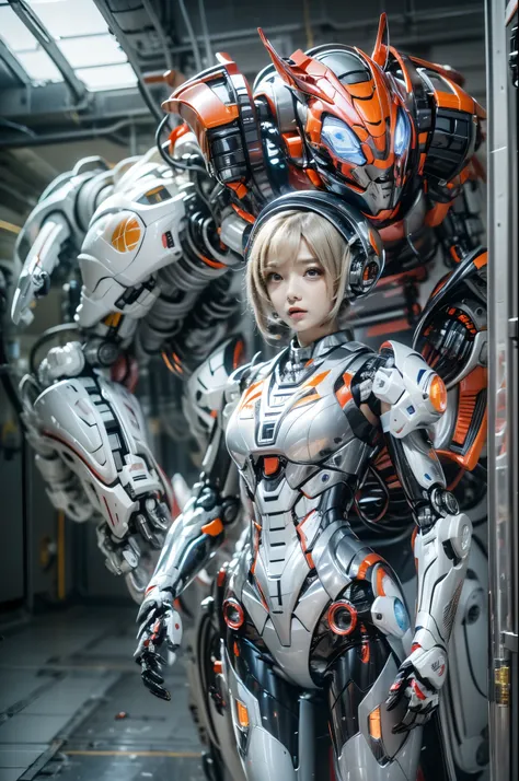 One is dressed in a futuristic suit、Woman in helmet, Mecha cyber armor girl, Armored astronaut portrait , Perfect anime robot woman, female armor, girl wearing robotic suit, cute robot girl, Beautiful girl robot, cosplayer dressed like a crab, Japanese rob...