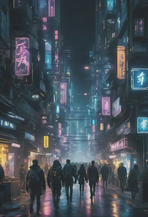 night，people walking on city streets with lights on, cyberpunk style，science fiction，bustling