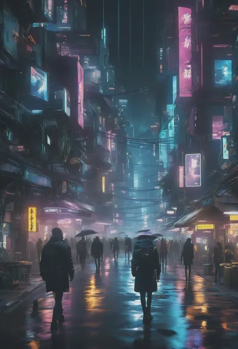 night,People walking on city streets with lights on, cyberpunk style,science fiction,bustling