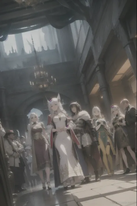 there are many people dressed up in costumes standing in a hall, epic light novel art cover, epic light novel cover art, roleplaying game art, 2. 5 d cgi anime fantasy artwork, cushart krenz key art feminine, krenz cushart and artgerm, aly fell and artgerm...