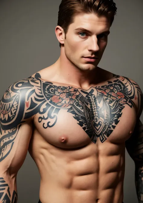 Muscular white man with samurai tatoos on chest and shoulders