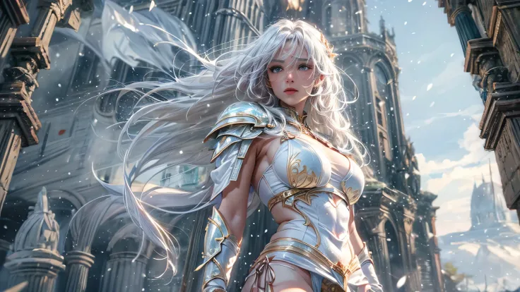 4K, ((very delicate))realistic, high resolution, that&#39;It&#39;s snowing, burning , collapsed castle wall, alone, silver-white hair, long hair, tear, woe, look at the viewer, (detailed face), super super big, 1 long sword, with a knife in hand, fantasy w...