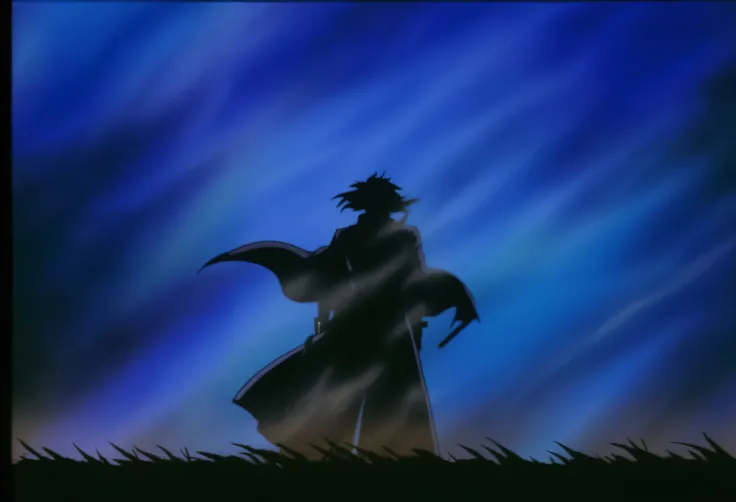 a close up of a person standing in a field with a sword, The cloak flutters in the wind, Ninja scroll anime style, cel shadow, anime ninja scrolls, shadow, coloring animation cel, Vampire Hunter D, Dark mist surrounds him, Wearing a flowing cloak, Kuro ani...