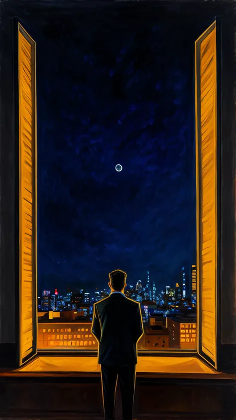 man looking at the city in front of the window，background night