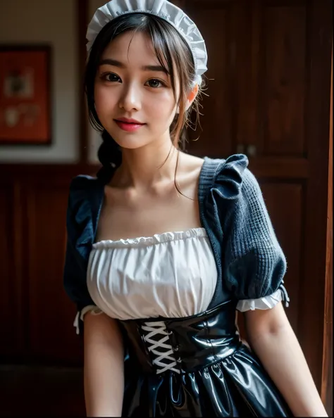 there is a woman in a black and white dress posing for a picture, gorgeous maid, maid outfit, maid, maid dress, anime girl in a maid costume, wearing maid uniform, maid costume, a sexy maid in a magical forest, french maid, catboy cosplay! maid! dress, gor...