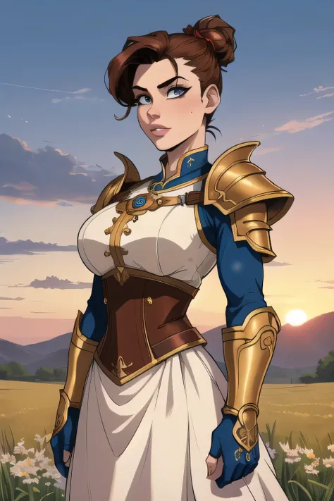 (masterpiece,best quality,absurdres,beautiful,aesthetic,detailed,cell shading),fantasy,1girl,pale skin, top knot hair,undercut,brown hair,solo focus,cowboy shot,wearing ornate armor,tabard,outside,field,sunset,gauntlets