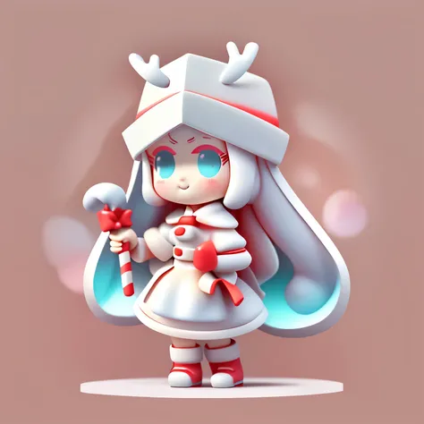 Bubble Mart blind box style，a cute little girl，Holding a cane-shaped candy in hand，Wearing a white box-shaped hat，princess cut hairstyle，Off-white hair，Wearing bright red Christmas costume and boots
