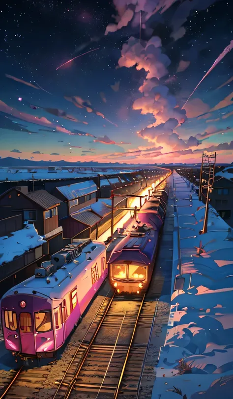 Animated scene of train passing under pink and purple sky, Animation drawn by Makoto Shinkai, Popular topics on pixiv, Magical Realism, beautiful anime scene, universe sky. by Xin Haicheng, ( ( Xin Haicheng ) ), by Xin Haicheng, anime background art, style...