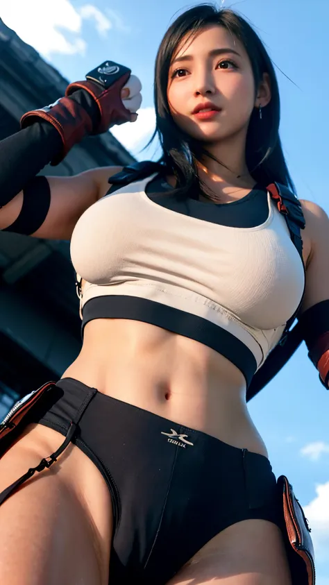 (Best Quality, 8K, 32K, masterpiece, nsfw),pretty girl pictures, Large breasts, background detailed blast furnace, ((1girl、solo)), realistic skin, ((tifa_lockhart)), (seductive smile:1.3), cowboy  shot, (((suspenderiniskirt}, tank tops, A dark-haired, leng...