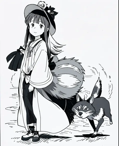 a drawing of a girl in a dress and hat with a racoon dog, black and white manga style, by Rei Kamoi, in style of manga, foxgirl, in manga style, fursona wearing stylish clothes, by Kamisaka Sekka, anthropomorphic racoon, fullbody commission for, in anime s...